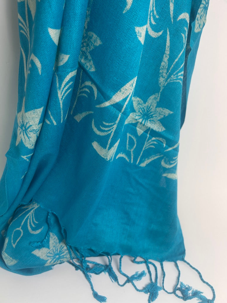 Mordant-Stamped Cotton Scarf / Wrap, Turquoise