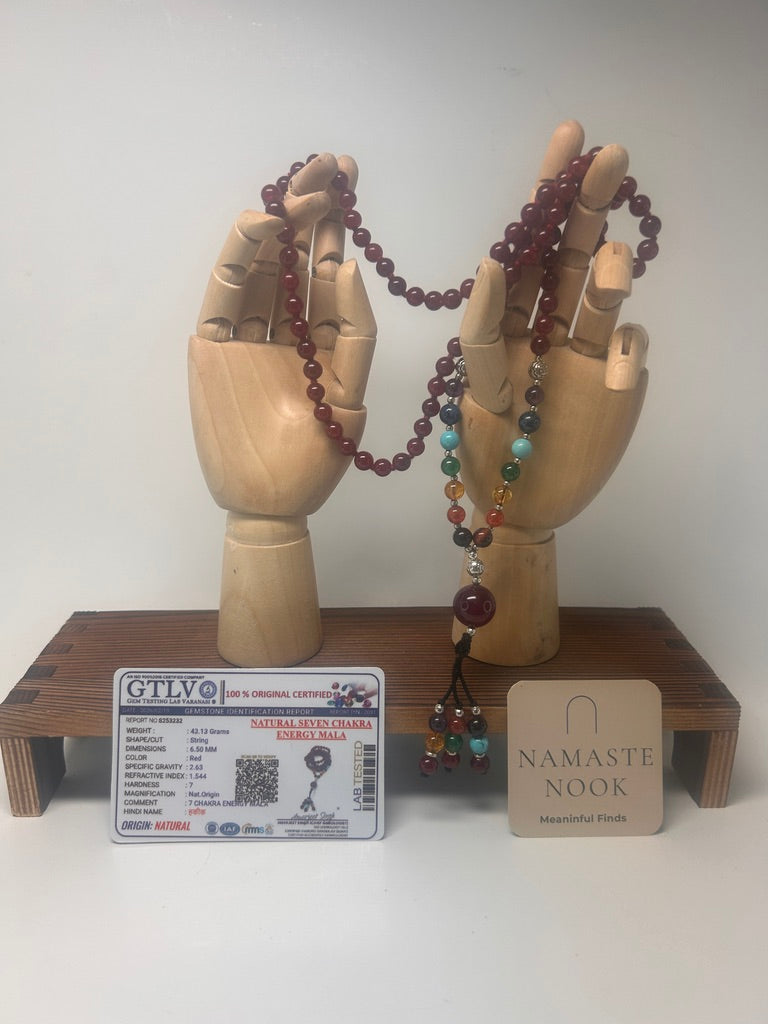 Natural Seven Chakra Energy Mala — Certified Gemstone Meditation Necklace – Deep Red & Multicolour
