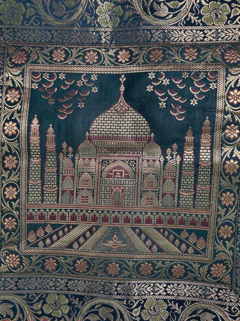 Varanasi Woven Pillow Cover – Taj Mahal, Leaf Green & Gold