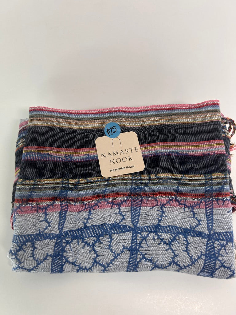Handwoven Cotton Tassel Scarf / Wrap – Baby Blue Stripe