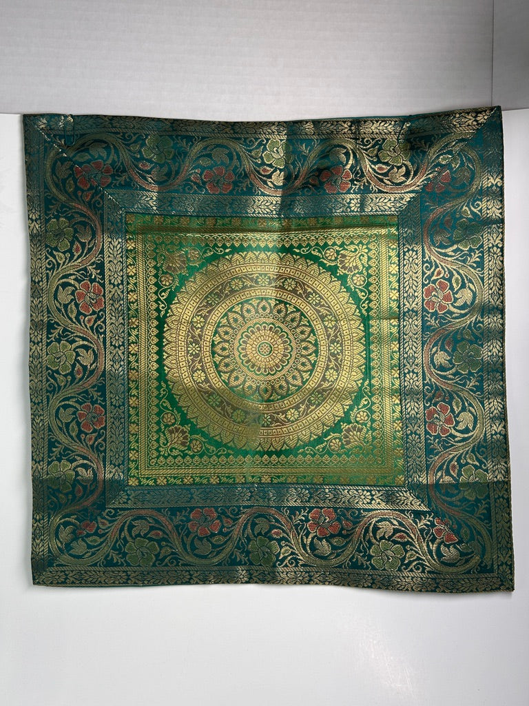 Varanasi Woven Pillow Cover – Flower of Life, Leaf Green & Gold