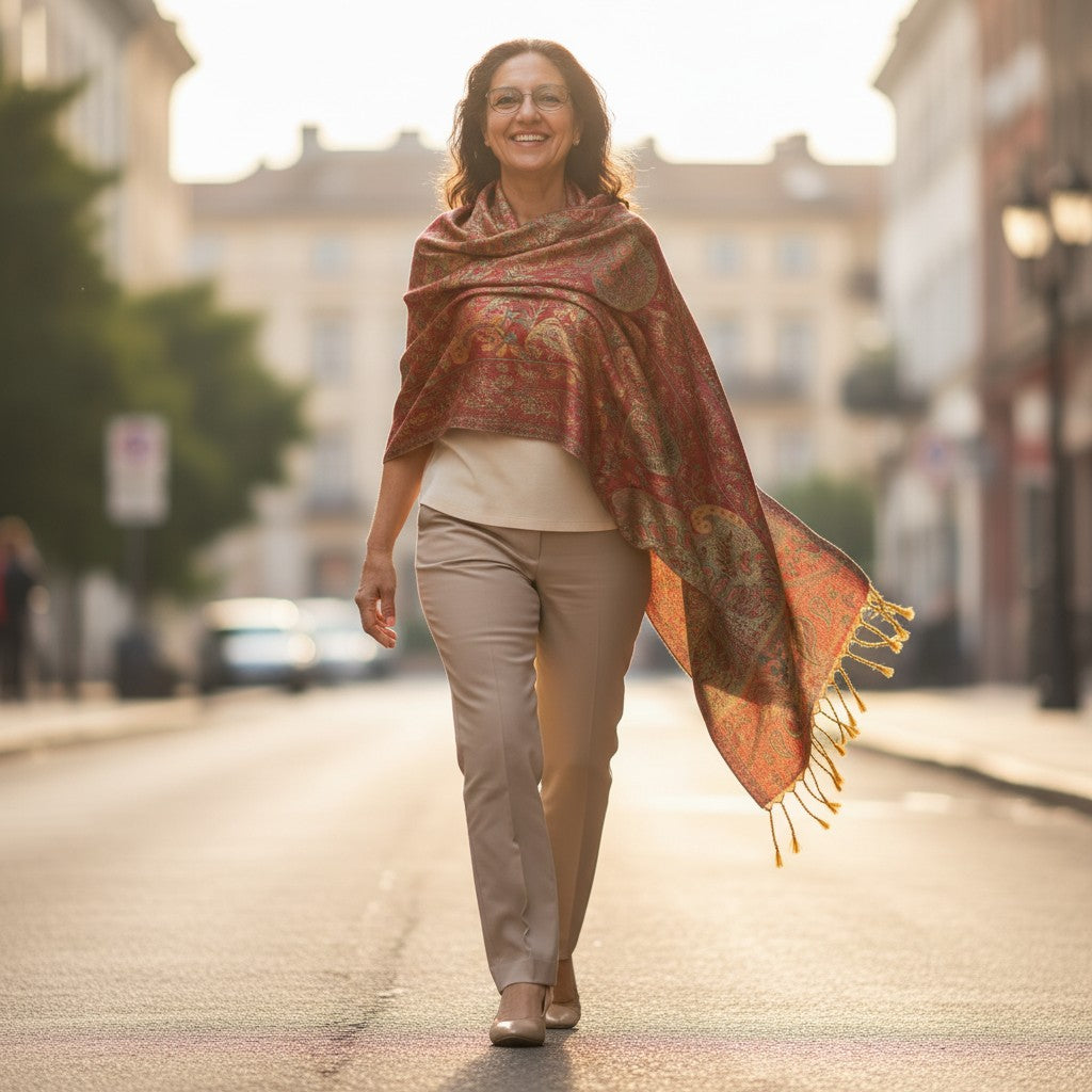 Red and green paisley wrap draped over a model’s shoulders, with a fringed end hanging at her side.