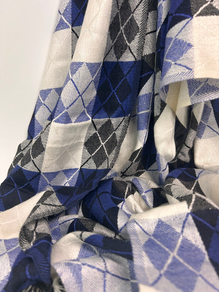 Plaid Silk-Mix Scarf, Blue & White