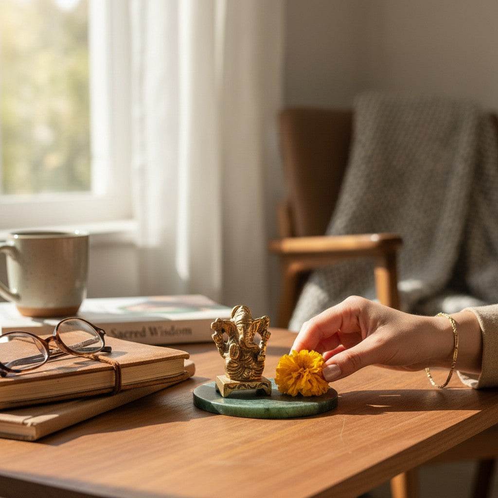 Small gold-colored Ganesh figure on a green base beside yellow flowers and a stack of books.