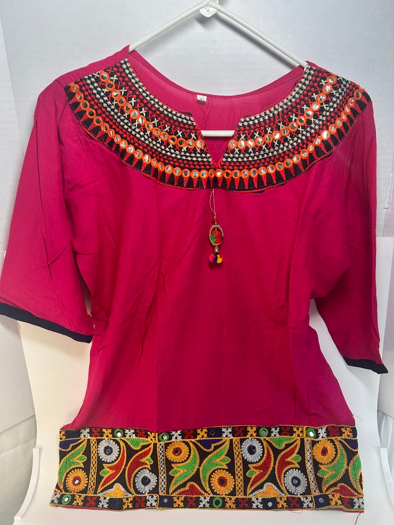 Fuchsia Mirror-Work Embroidered Cotton Kurti / Tunic Top — view 4