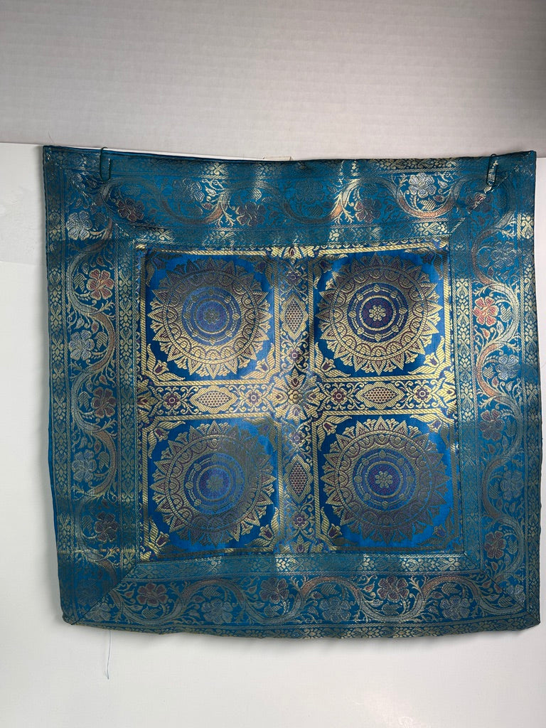 Varanasi Woven Pillow Cover – Mandala, Sky Blue & Gold