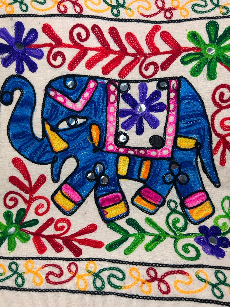 Embroidered Elephant Pillow Cover – Multicolor with Mirror Work