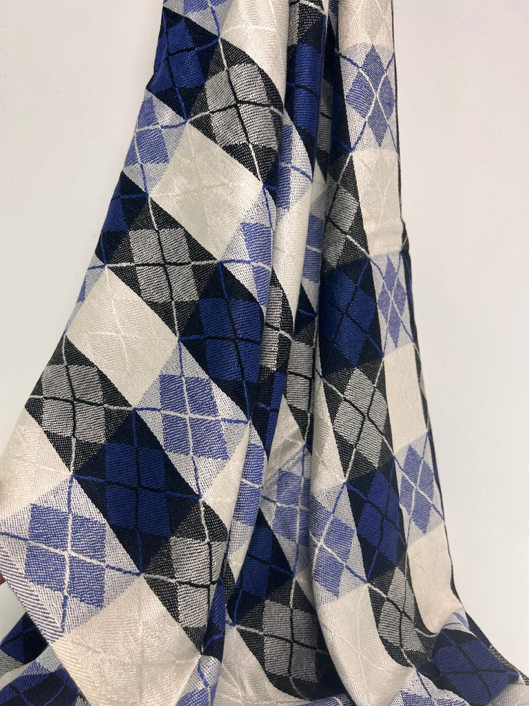 Plaid Silk-Mix Scarf, Blue & White