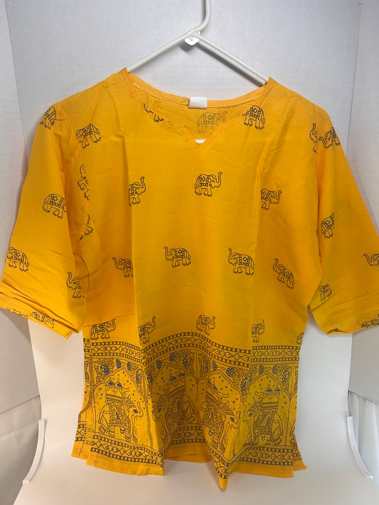 Elephant Border Cotton Short Kurti / Tunic Top, Mustard Yellow — view 2