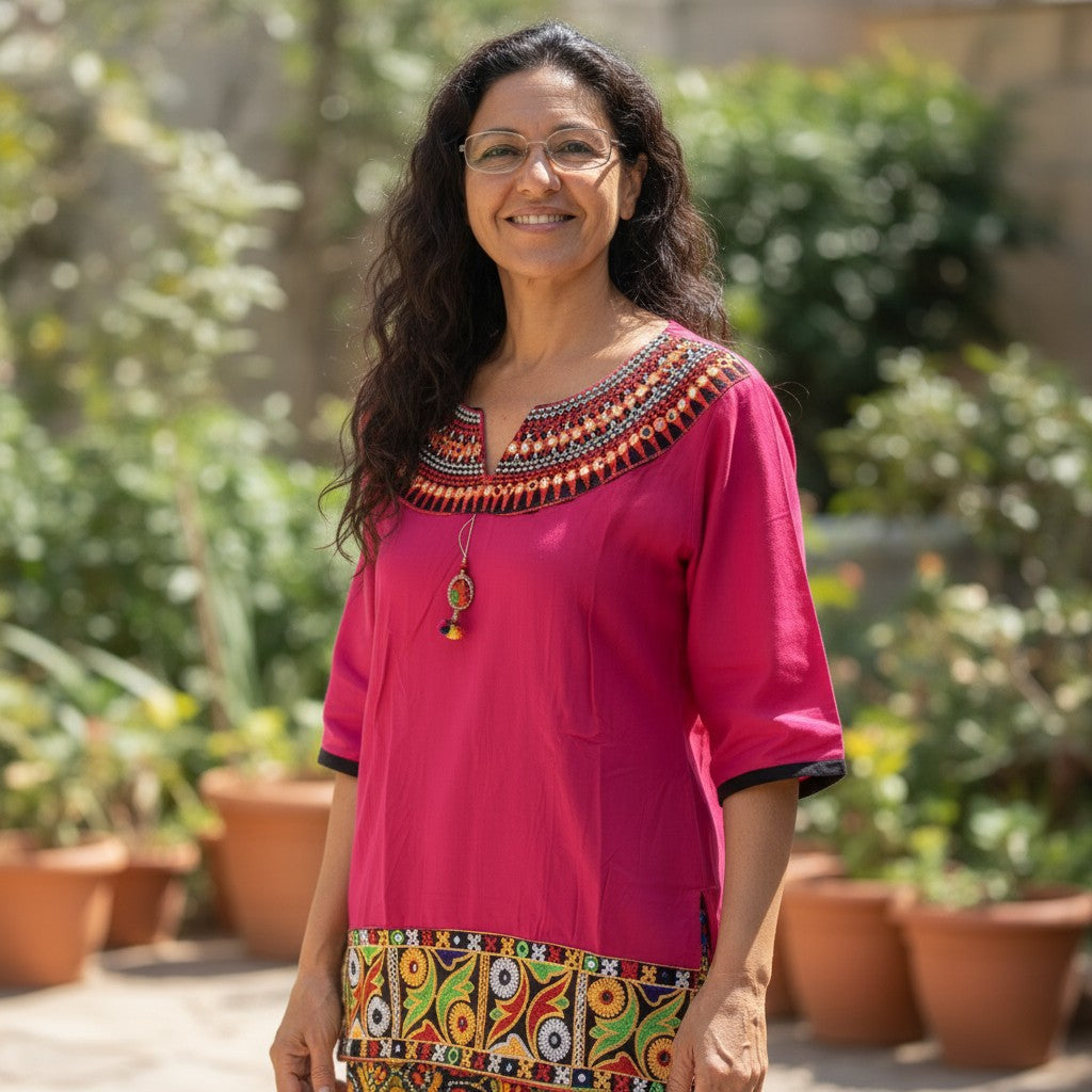 Fuchsia Mirror-Work Embroidered Cotton Kurti / Tunic Top — view 1