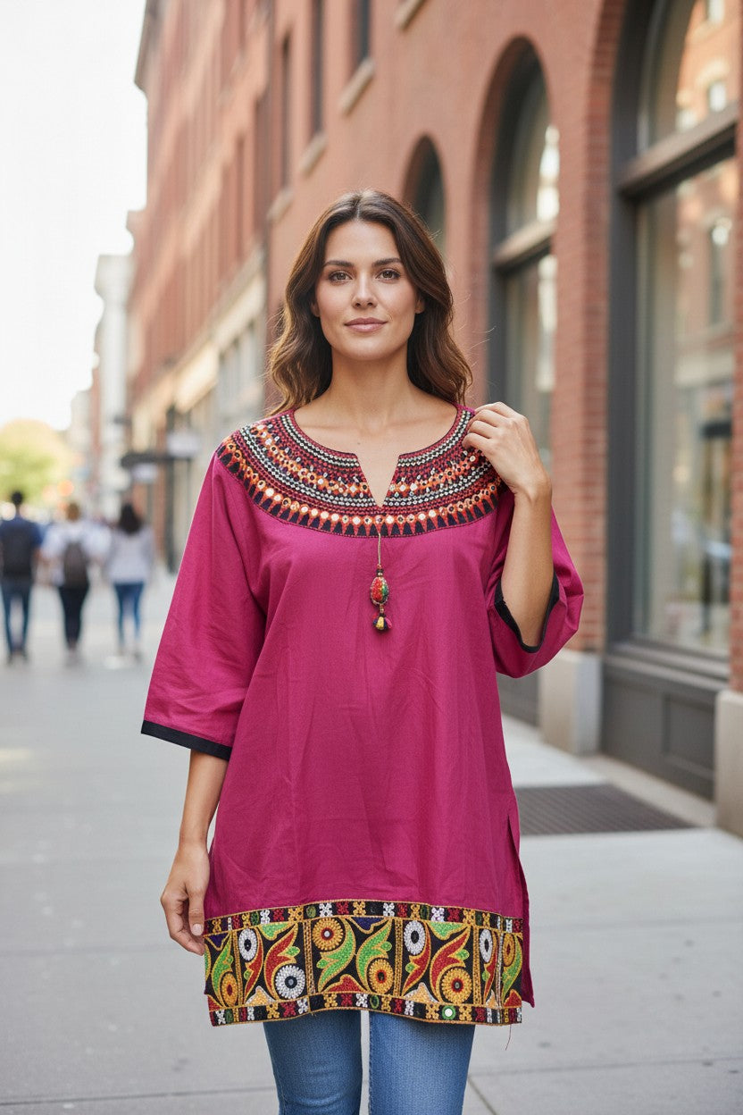 Fuchsia Mirror-Work Embroidered Cotton Kurti / Tunic Top — view 2