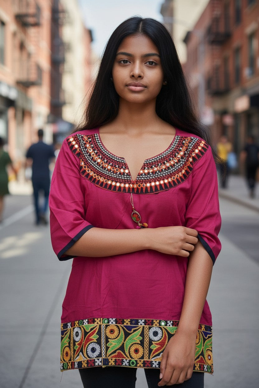 Fuchsia Mirror-Work Embroidered Cotton Kurti / Tunic Top — view 6