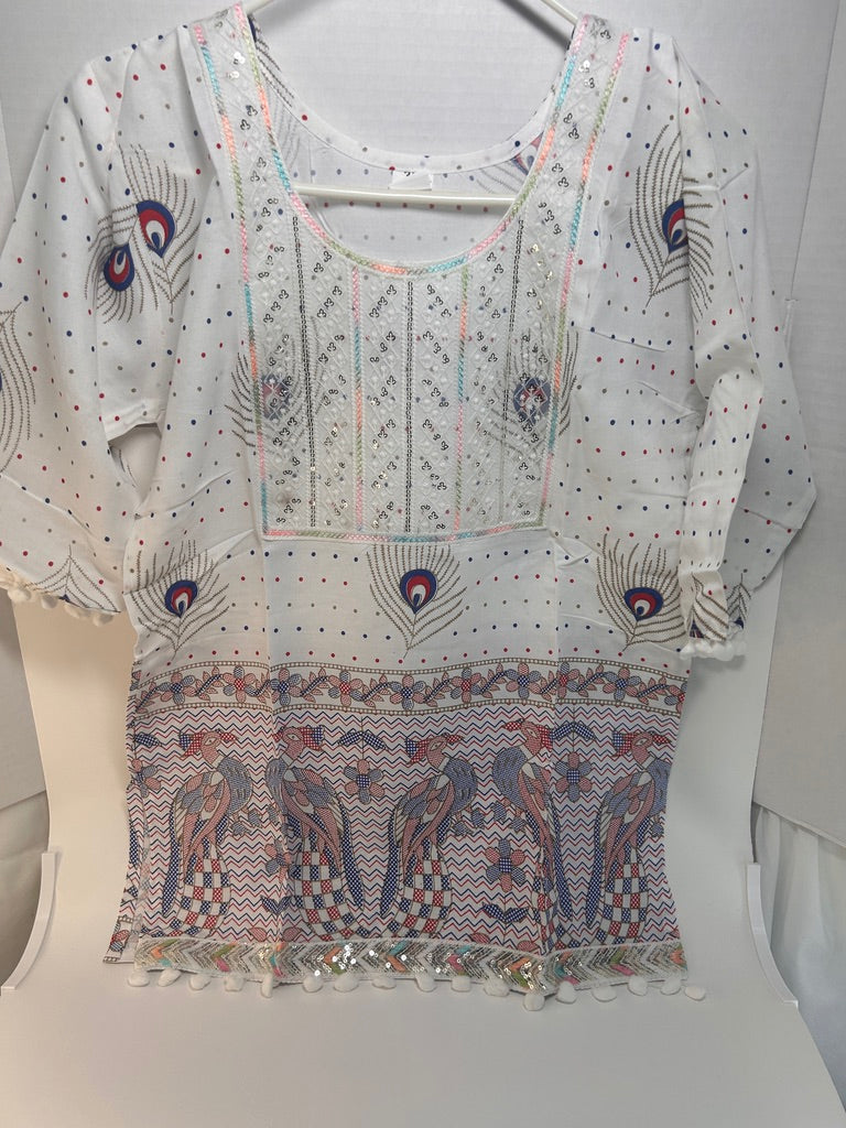 White Peacock Embellished Cotton Kurti / Tunic Top — view 2