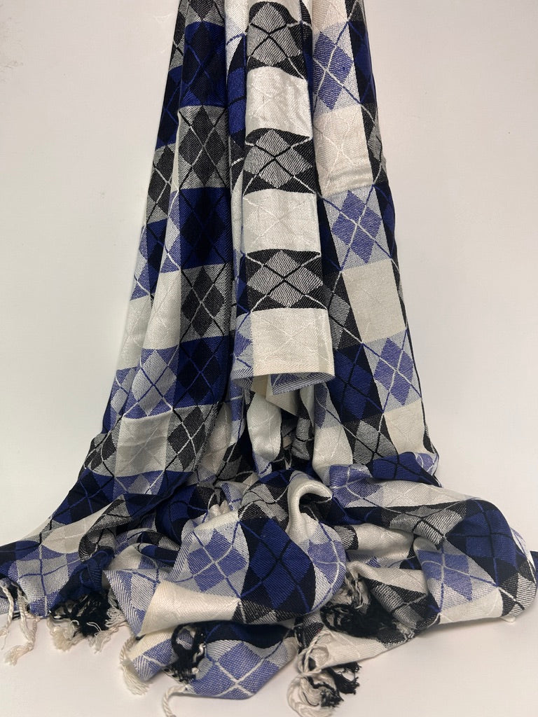 Plaid Silk-Mix Scarf, Blue & White