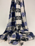 Plaid Silk-Mix Scarf, Blue & White
