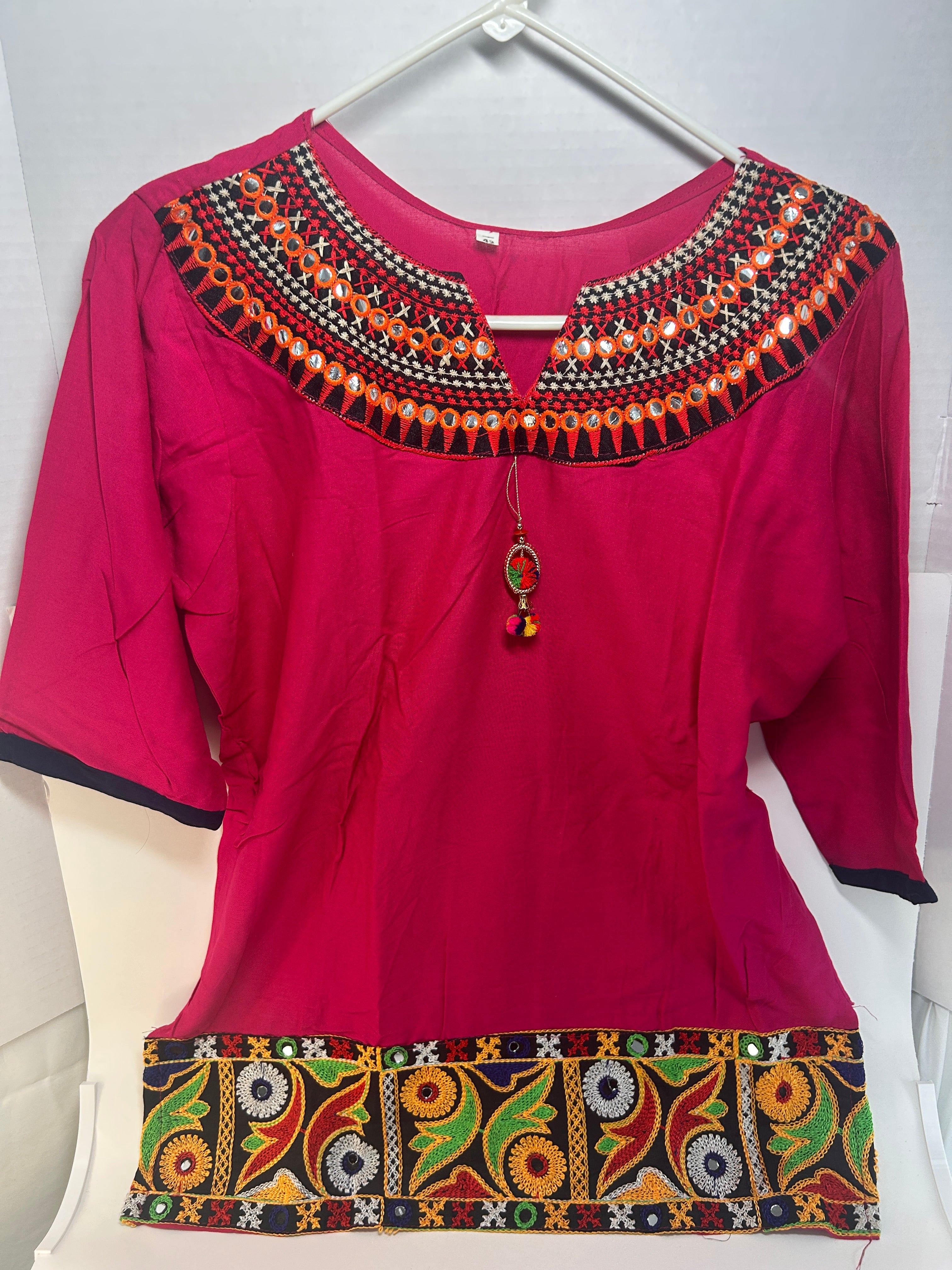 Fuchsia Mirror-Work Embroidered Cotton Kurti / Tunic Top — view 3