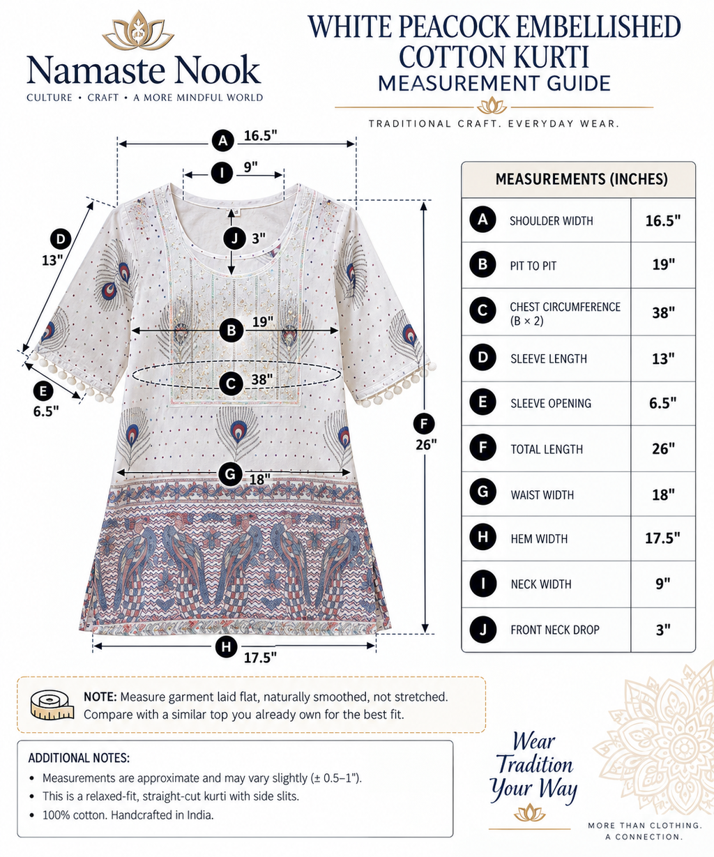 White peacock kurti measurement guide. Approximate inches, laid flat: shoulder 16.5; pit-to-pit 19; chest circumference 38; sleeve length 13; sleeve opening 6.5; total length 26; waist width 18; hem width 17.5; neck width 9; front neck drop 3.