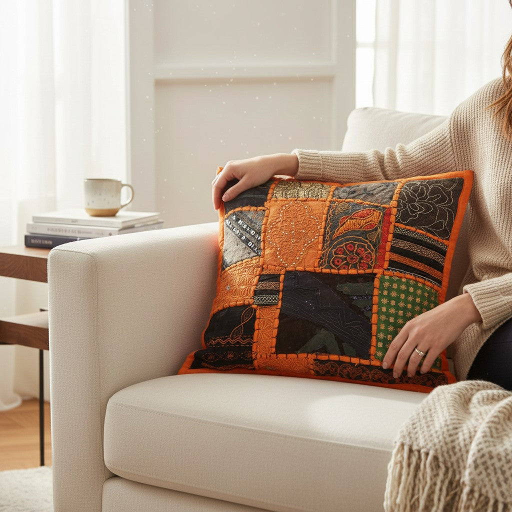 Orange, green, and dark patchwork cushion cover with decorative stitching on a white armchair.