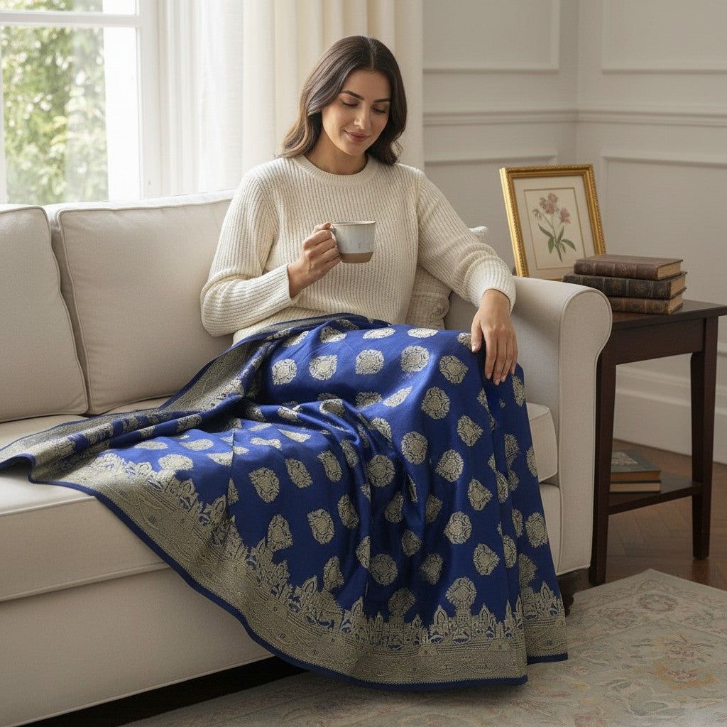 Blue and gold-colored patterned wrap spread across a seated model’s lap, with its broad border visible.