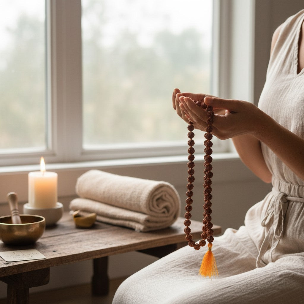 Brown prayer beads with an orange-yellow tassel held between both hands beside a window.