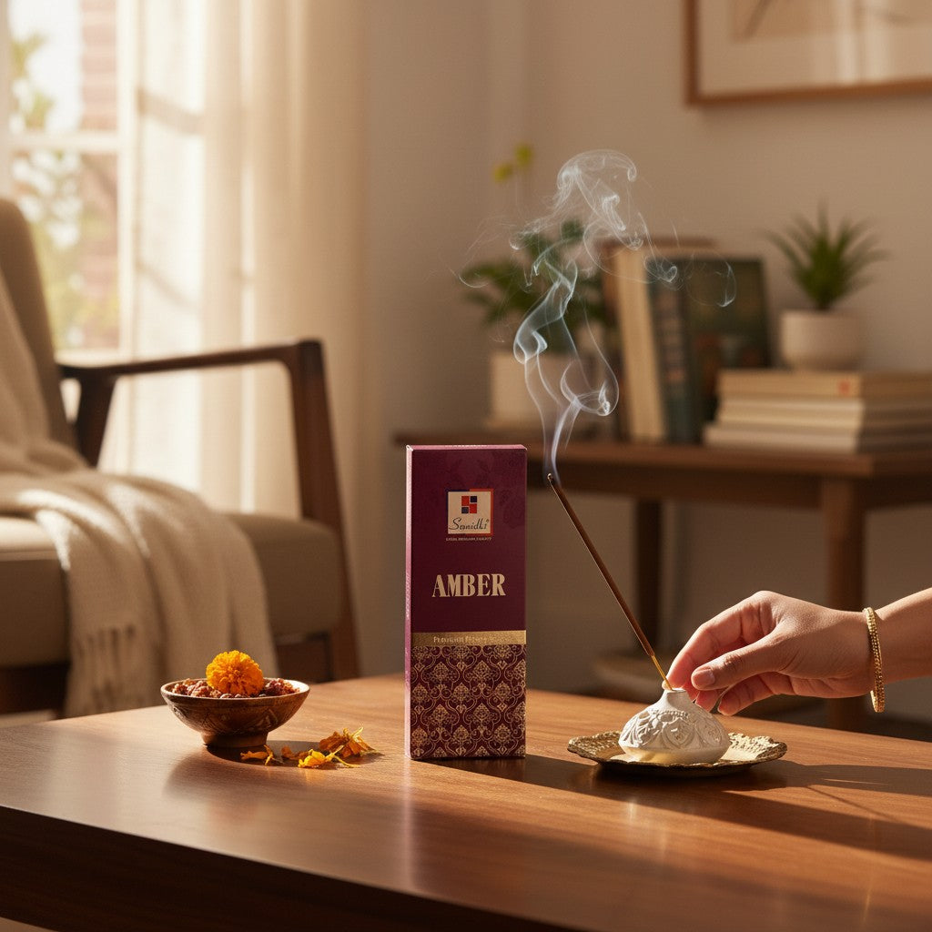 An Amber dhoop box beside a burning stick in a small holder on a sunlit table.