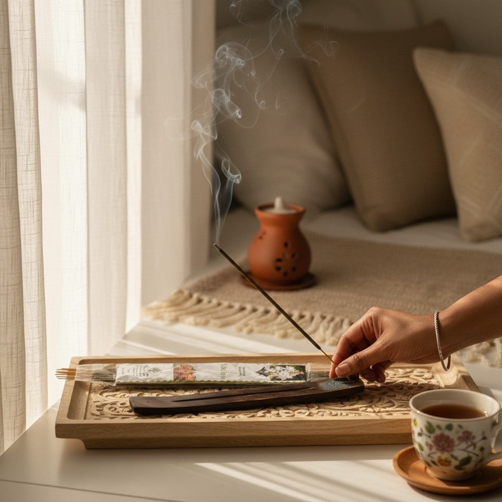 Hand placing an incense stick into a long rectangular holder on a decorative tray beside a window.