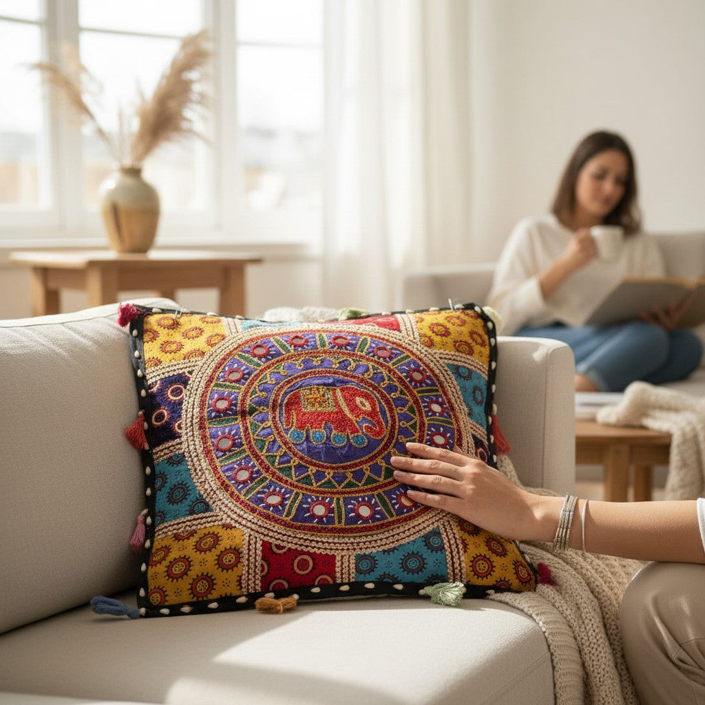 Multicolored cushion cover with a circular central motif and patterned border on a white armchair.