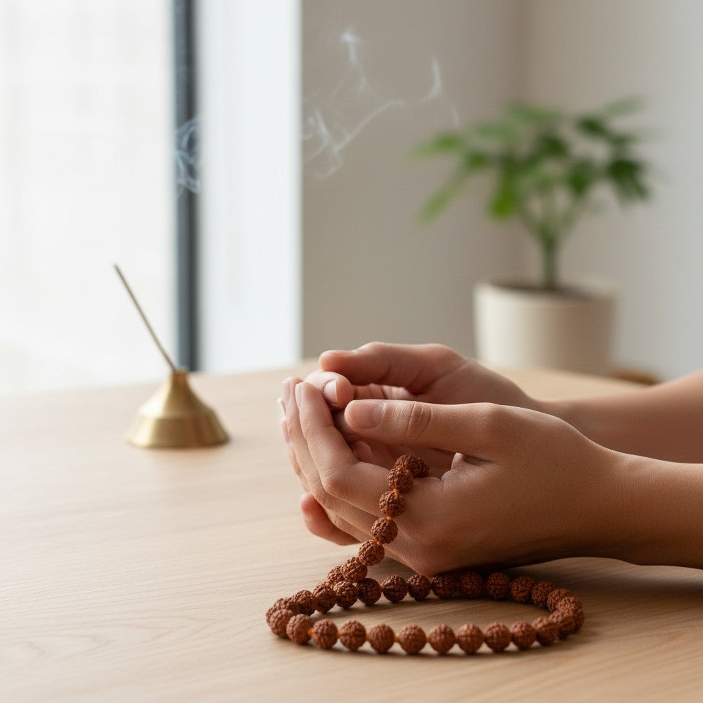 Hands holding brown prayer beads above a tabletop, with a strand of beads resting below.