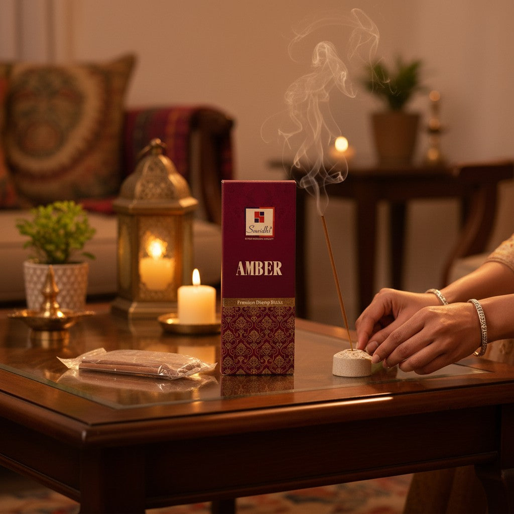 An Amber dhoop box and burning incense stick in a small holder beside a candle lantern.