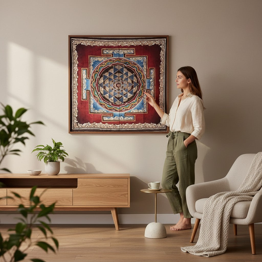 Red-bordered geometric mandala wall hanging displayed above a living-room sideboard.