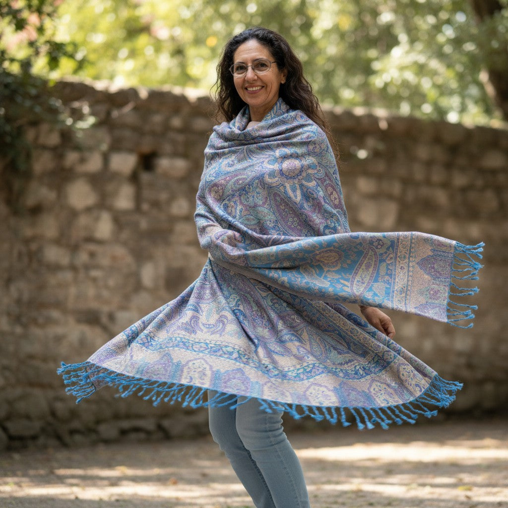 Blue paisley wrap flowing out to one side of a model, showing its patterned border and fringe.