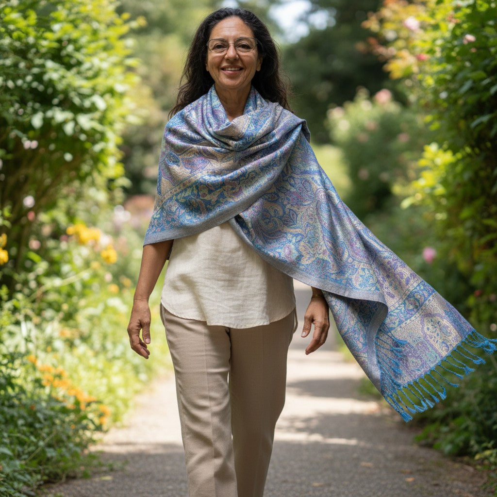 Blue paisley wrap worn loosely across the shoulders, with one end extended to show its border.