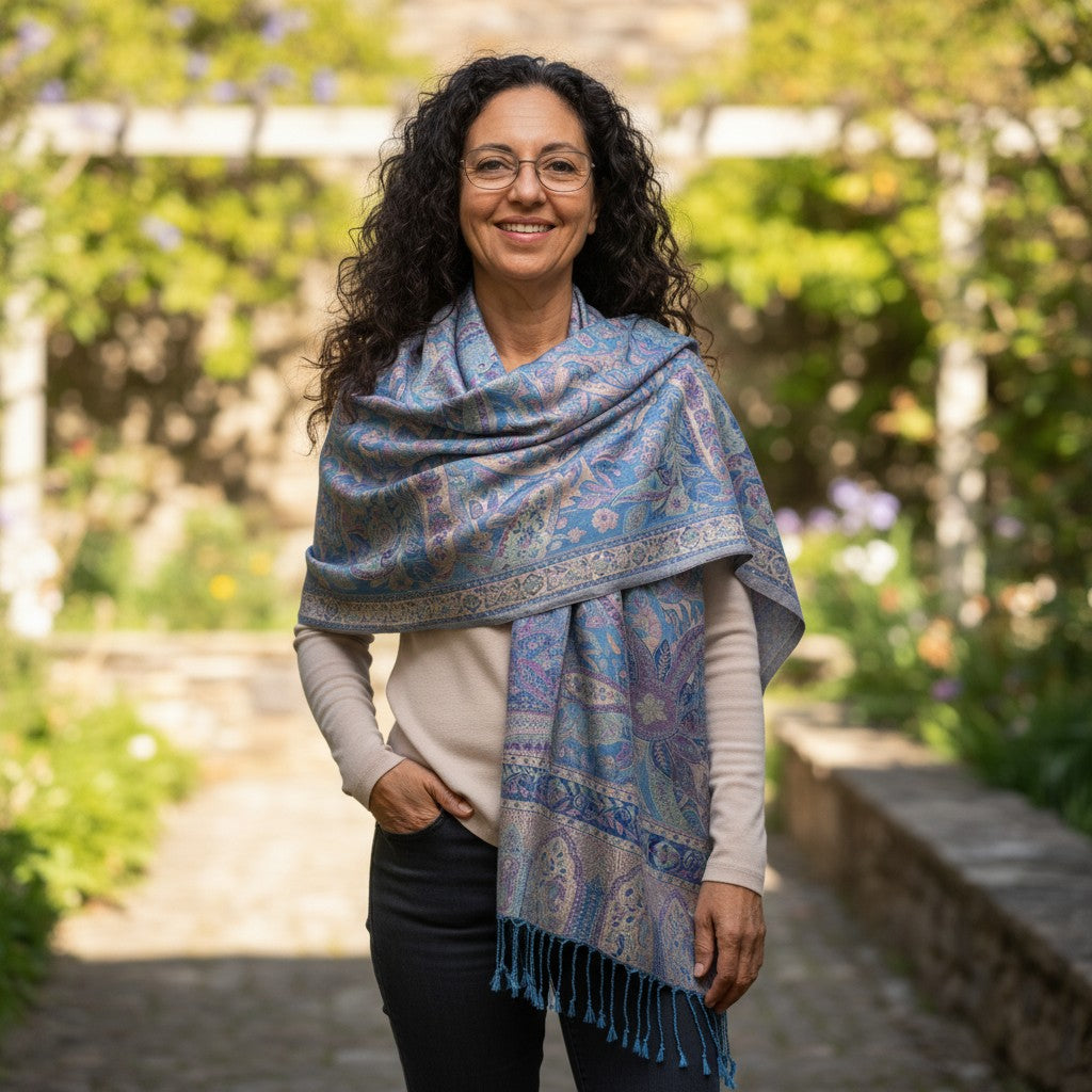 Blue paisley wrap wrapped around the shoulders with one fringed end hanging in front.