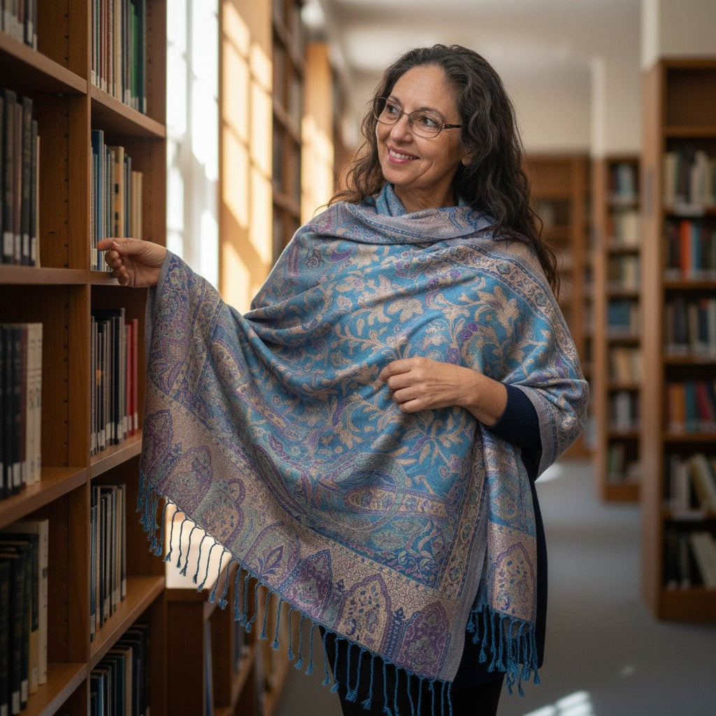 Blue paisley wrap held across the shoulders, showing its patterned border and fringe.