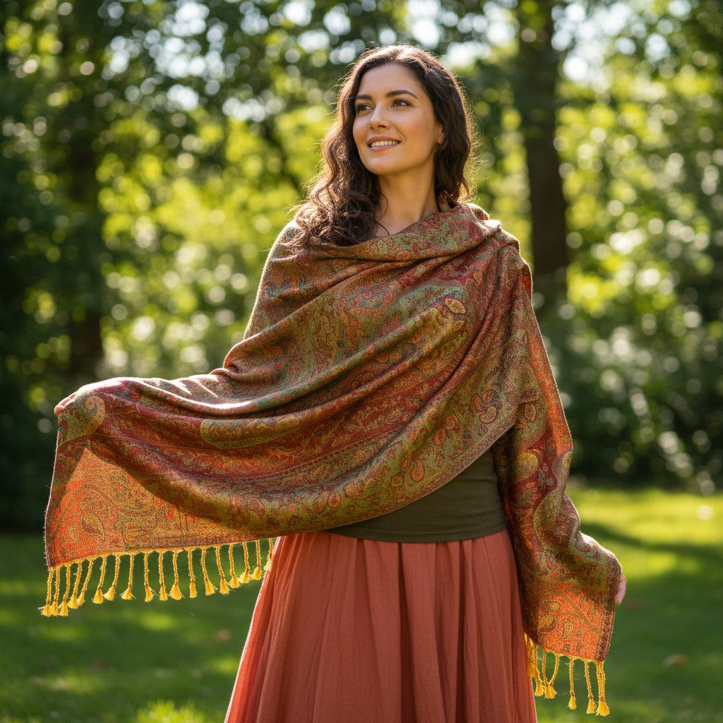 Red and green paisley wrap held open outdoors to show the patterned fabric and yellow fringe.